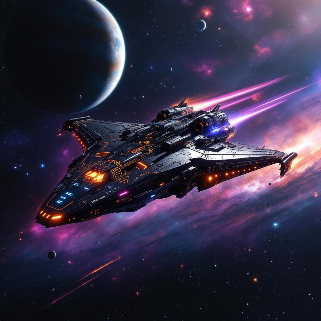 AI generated: Imagine, in detail, an alien spaceship to show a new design. An alien fighter. Show it in deep space...
