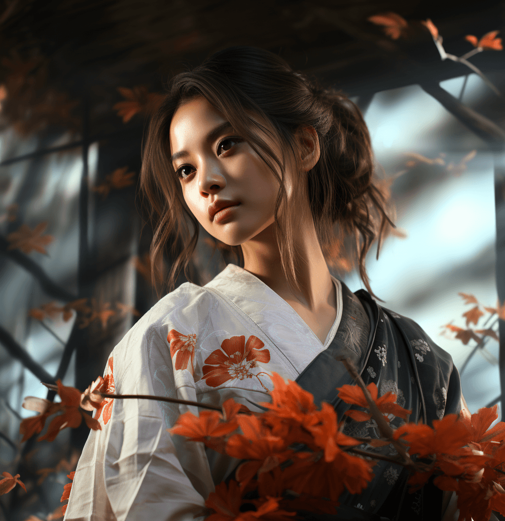 AI generated: an young asian woman in the forest in kimono, in the style of unreal engine 5, romantic illustration...