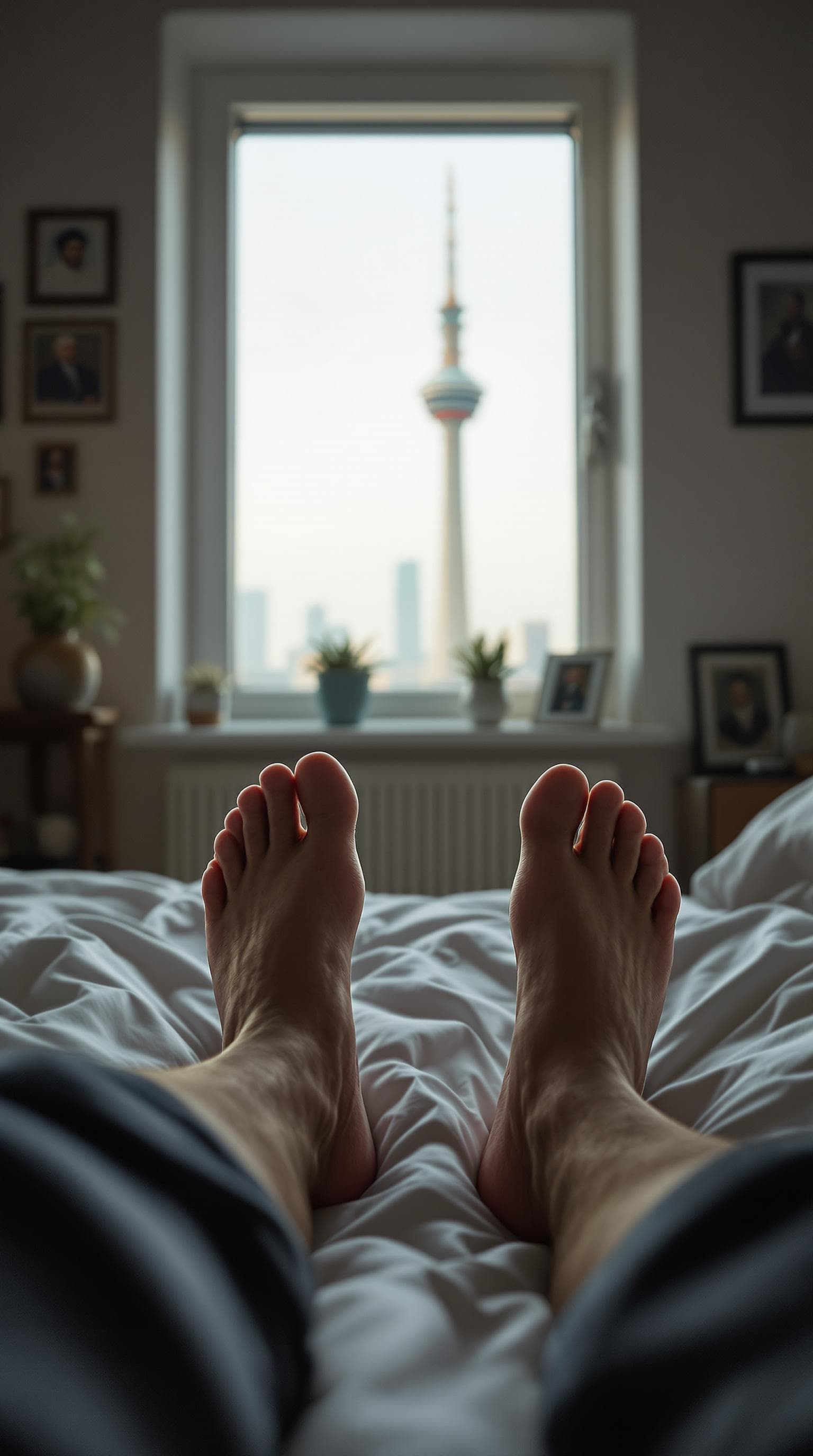AI generated: POV first-person, I am a 30-year-old man, lying on my bed in my bedroom, just waking up in the morni...