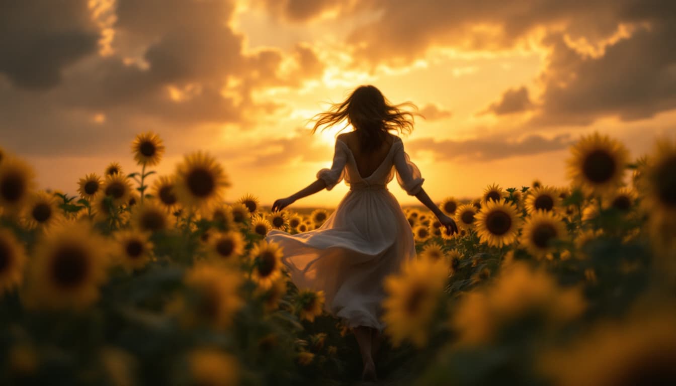 AI generated:  field of sunflowers at sunset, he soft petals surround, creating a contrast with the darkened skies...