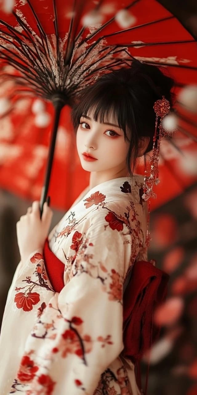AI generated: A young, Asian woman, with fair skin and dark, flowing hair styled into a bun adorned with ornamenta...