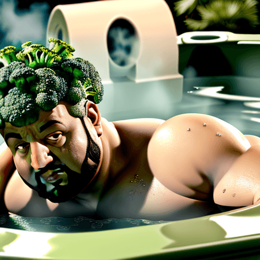 AI generated: broccoli man
 chilling in a hot tub with dj khaled ultra realistic 4k
