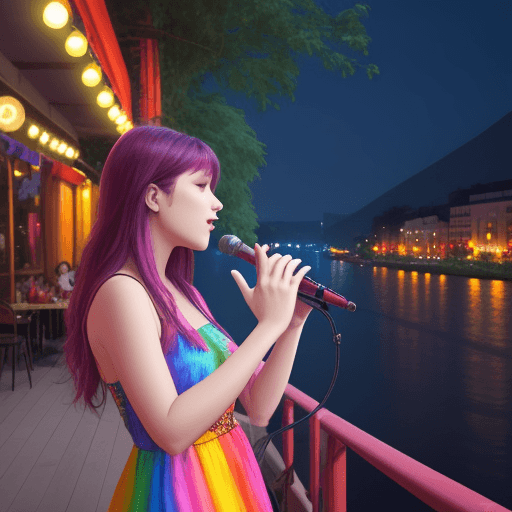 AI generated: Unplugged Music Band , colourfull , night theme , a girl singing a song , restaurant , river view ba...