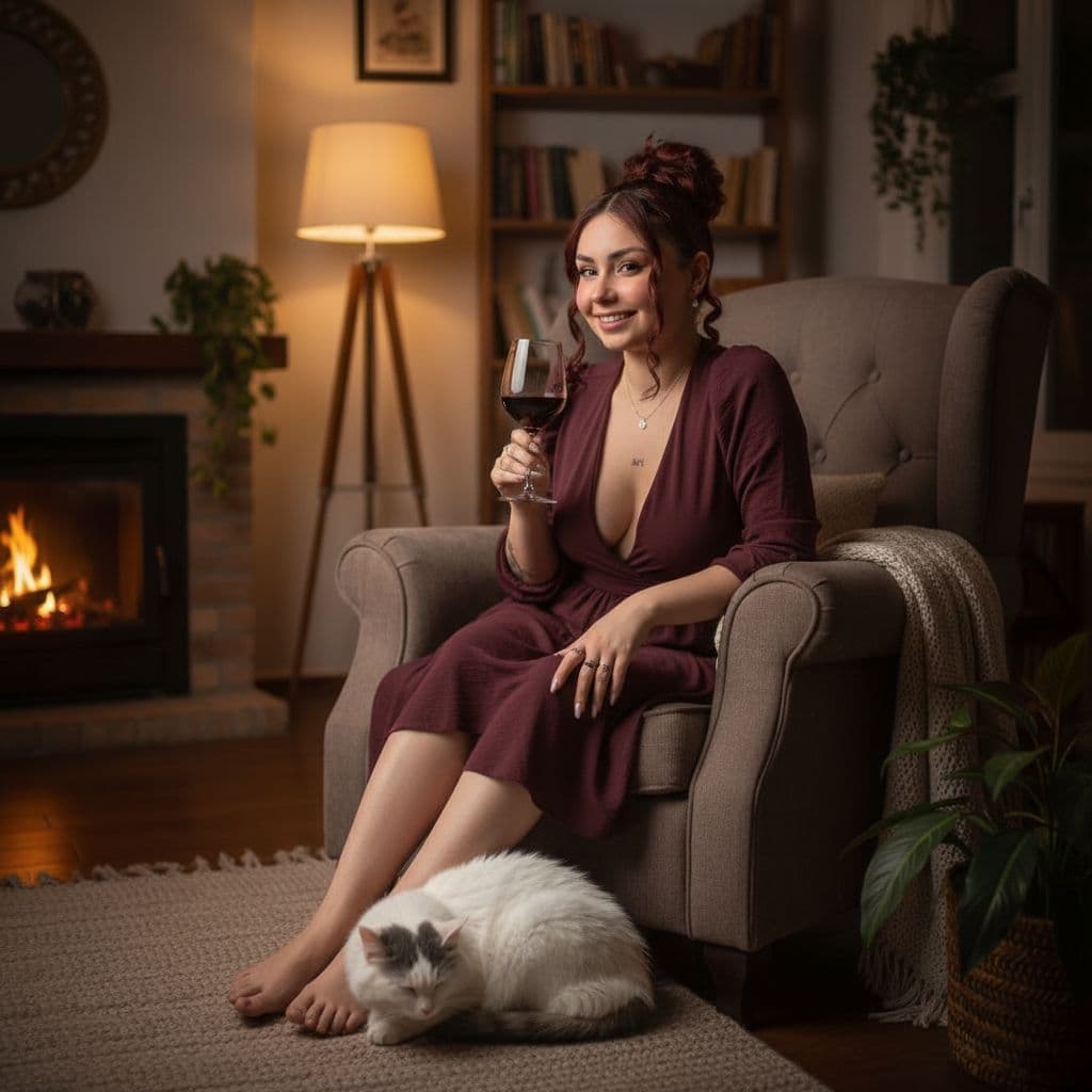 AI generated: Generate an image of her sitting in an armchair in a cozy house, drinking red wine with a cat at her...