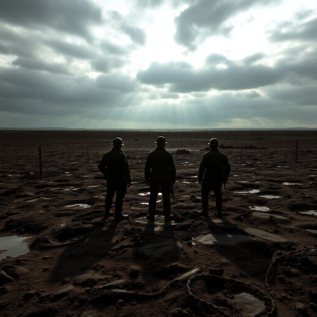 AI generated: Create a WWI no-mans land scene: a barren, war-torn landscape under a foreboding, gray cloudy sky, w...