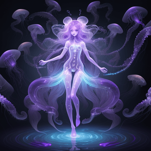 AI generated: Full body Illustration of a celestial woman with transparent purple bioluminescent skin and jellyfis...