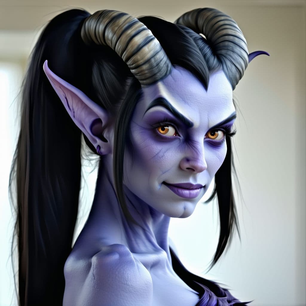 AI generated: female Draenei from World of Warcraft with light gray skin, light gray horns, black hair in a ponyta...