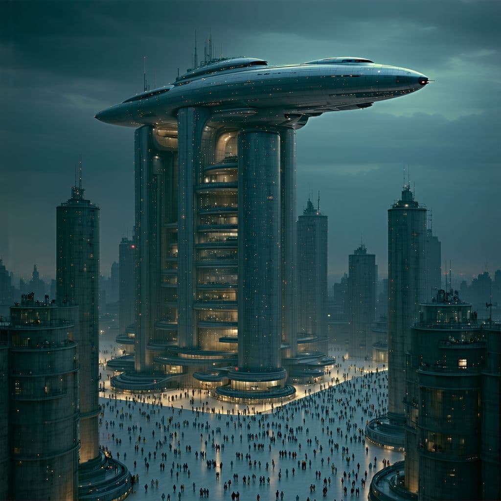AI generated: a highly detailed digital artwork depicting a futuristic cityscape at night, the scene is dominated ...
