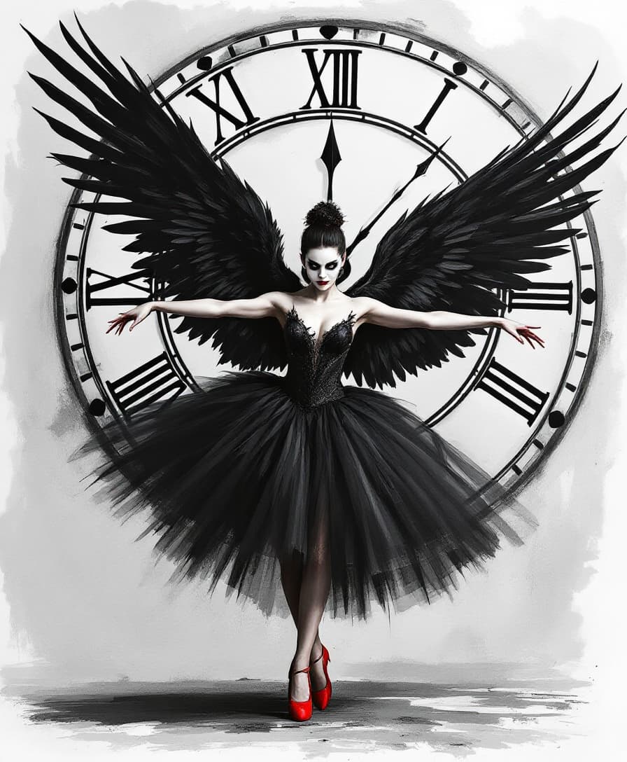 AI generated: The image depicts a ballerina in a black tutu, with wings that resemble a raven's feathers. She is s...