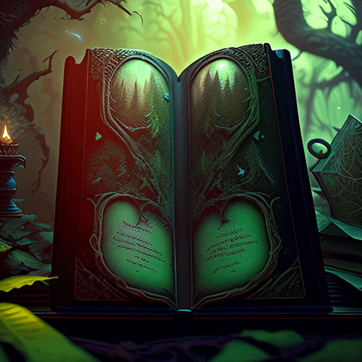 AI generated: mdjrny-v4 style, magic spell book sitting on a table in the dark forest, hypermaximalist, insanely d...
