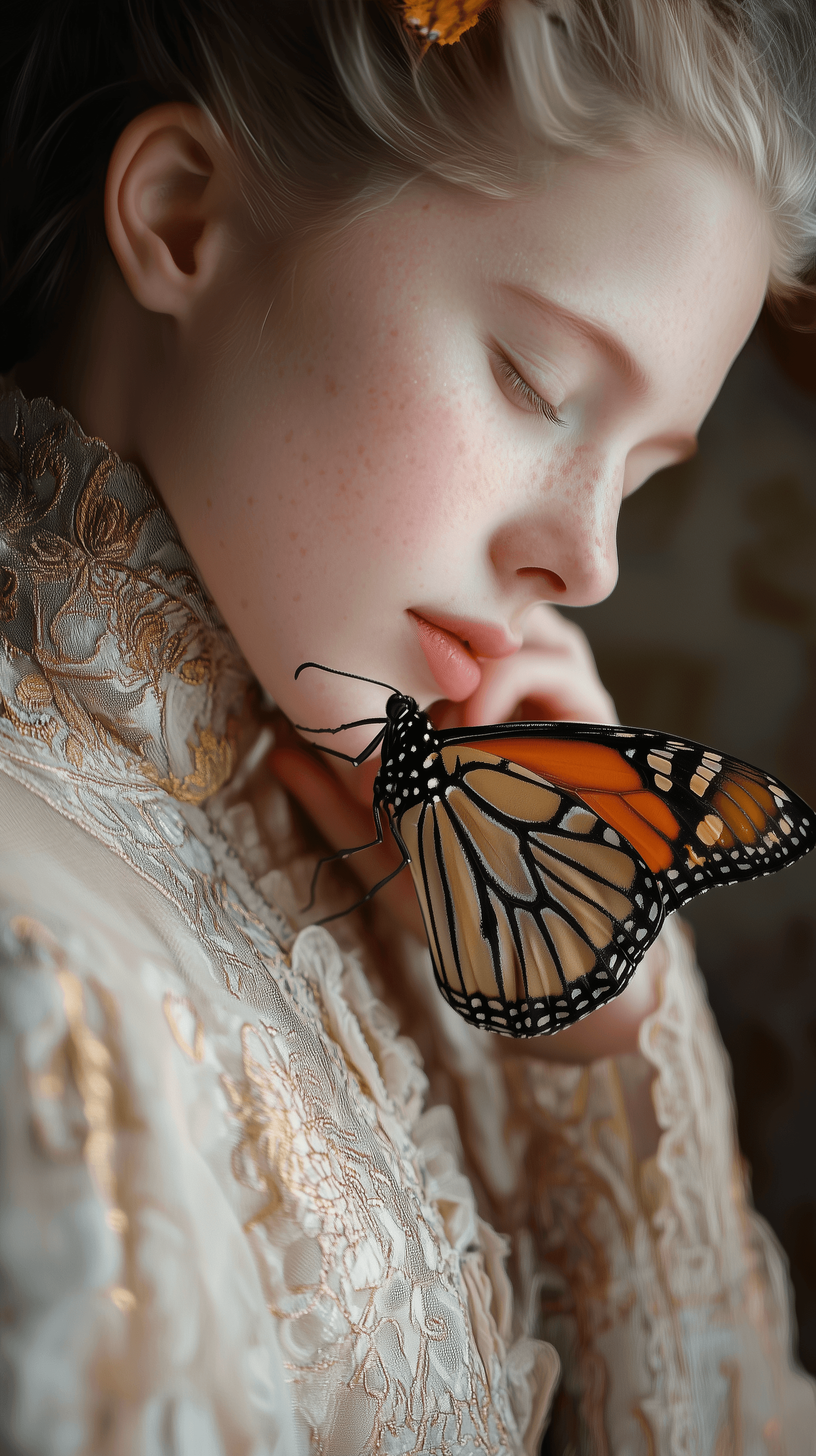 AI generated: A serene portrait of a young, fair-skinned girl, approximately 7 years old, gently resting her face,...