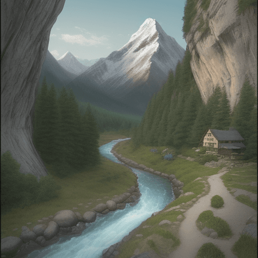 AI generated: Mountain,narrow lane,cliff,small river
