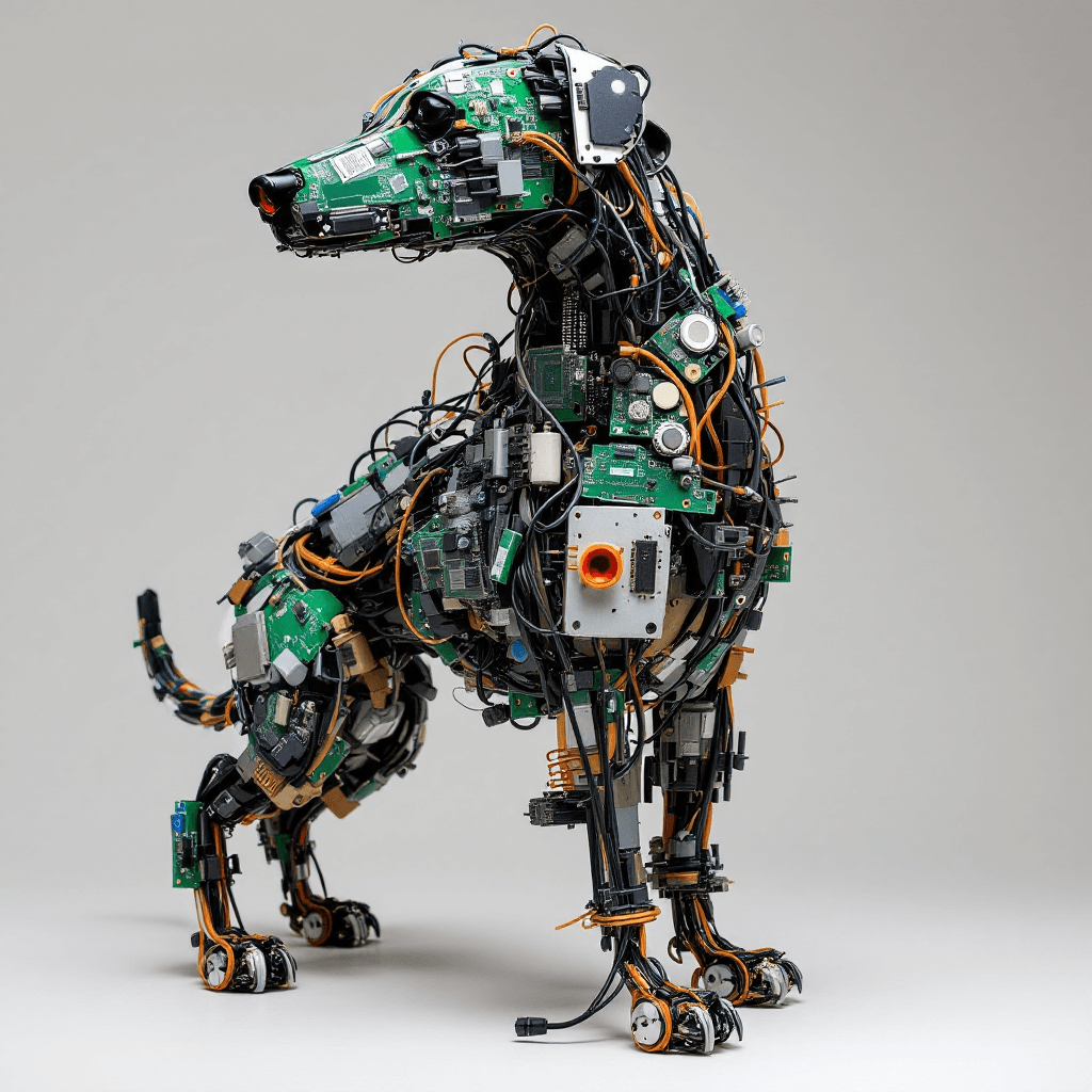 AI generated: The figure in this piece is a dog, but it's unlike any traditional representation. It's composed ent...
