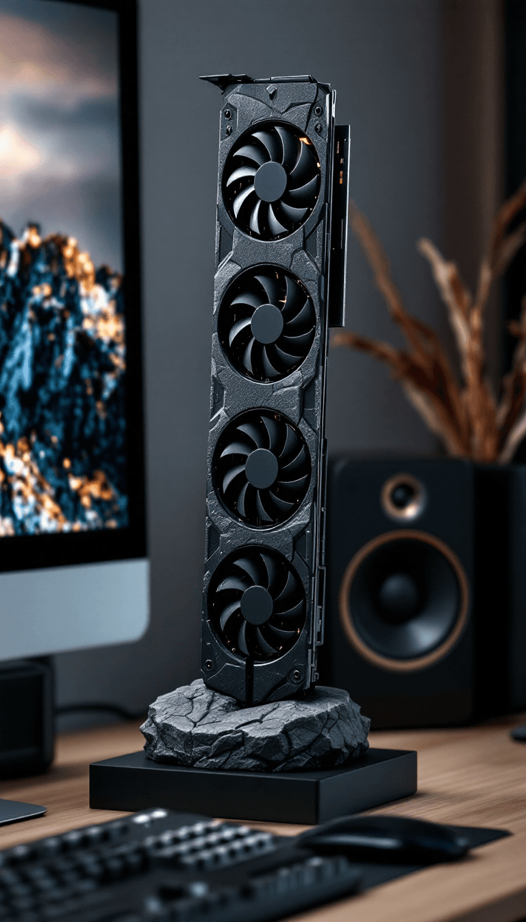 AI generated: Photograph of a simplistic coal statue of a GPU card for a computer, next to a desktop computer on a...