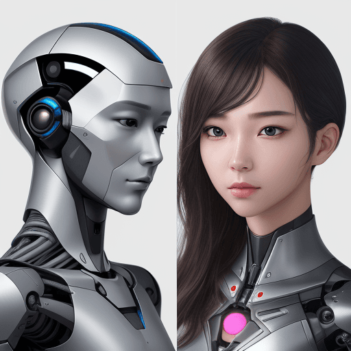 AI generated: Front view of the face of a half-human, half-machine robot with AI, with a side view of an AI-enhanc...