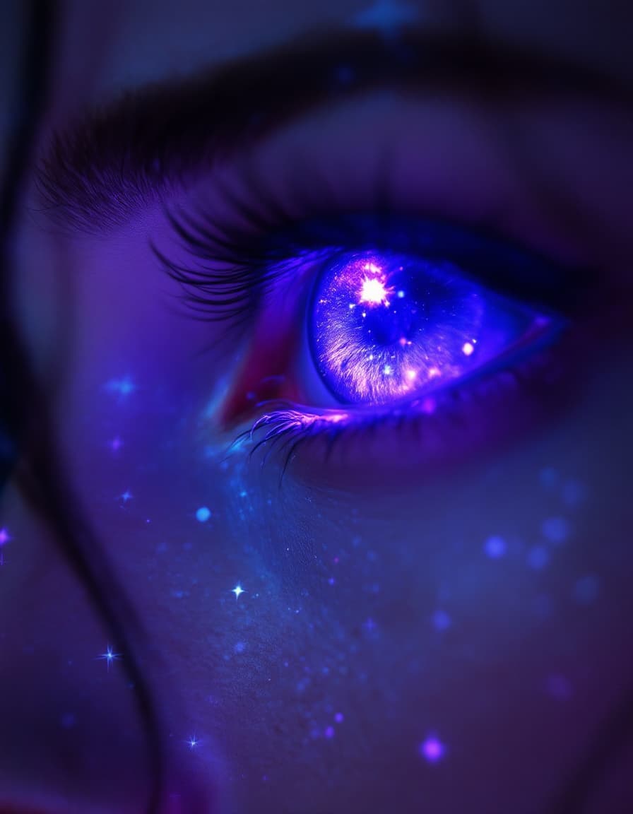 AI generated: Violet eyes flecked with stars, glowing faintly in the dark, night sky reflected in irises, intense ...