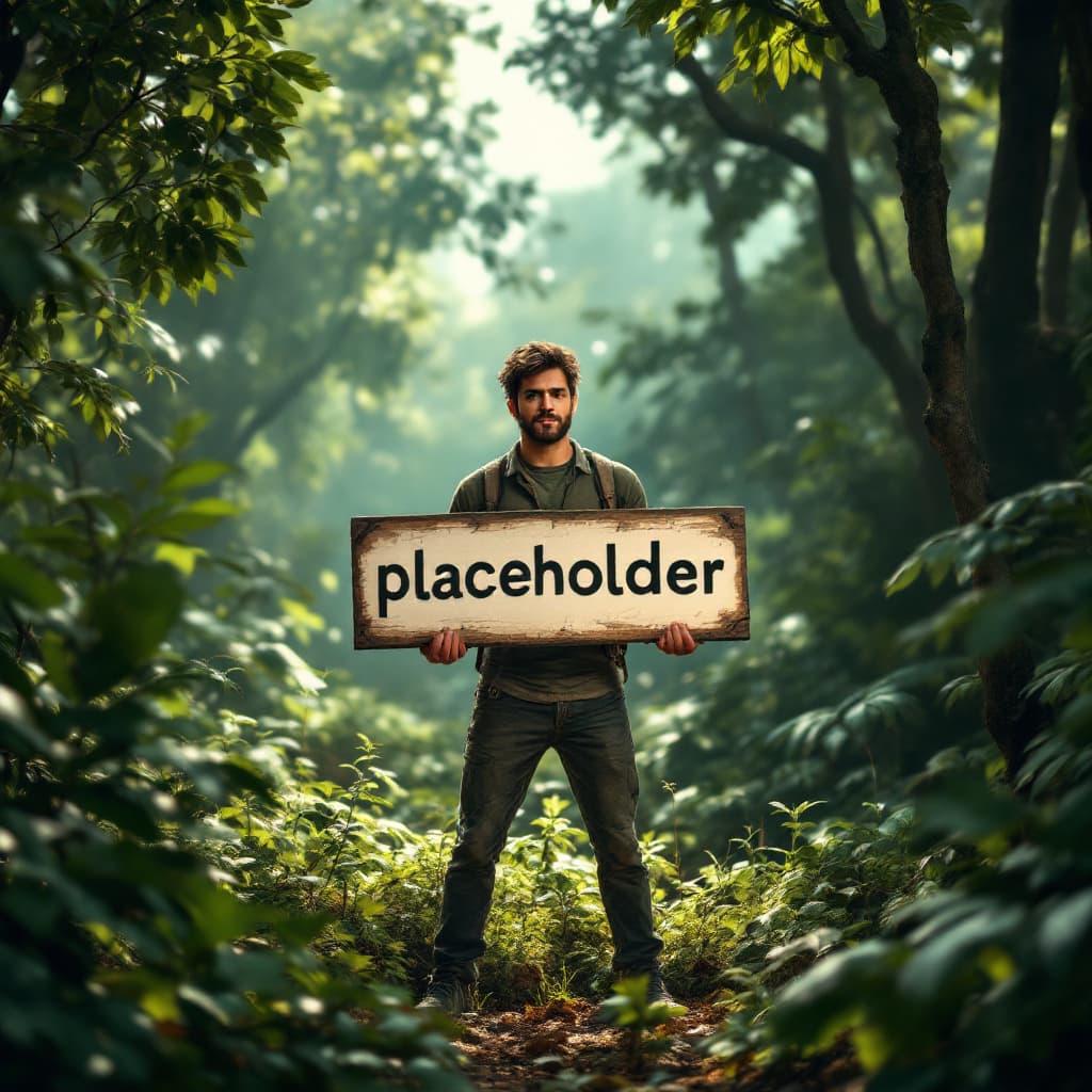 AI generated: A man in a jungle clearing, hes holding a sign that says "placeholder". Backlit, volumetric lighting...