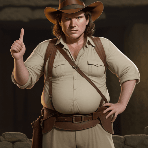 AI generated: Javier Milei as Indiana Jones, fat, 55 years old, 


