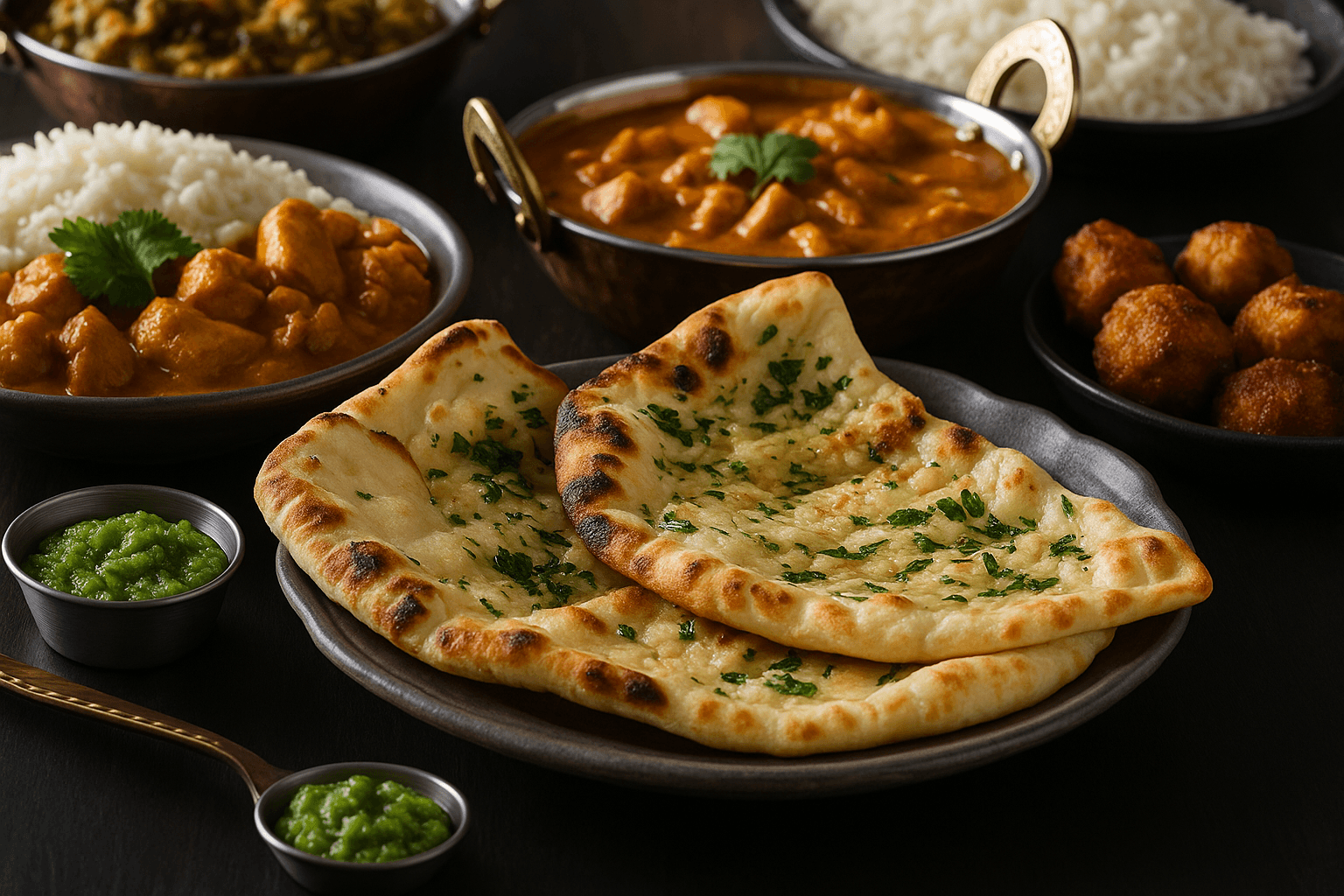 AI generated: {
  "scene": "Food Photography - Indian Cuisine Spread",
  "subject": {
    "main_dish": "Garlic ...