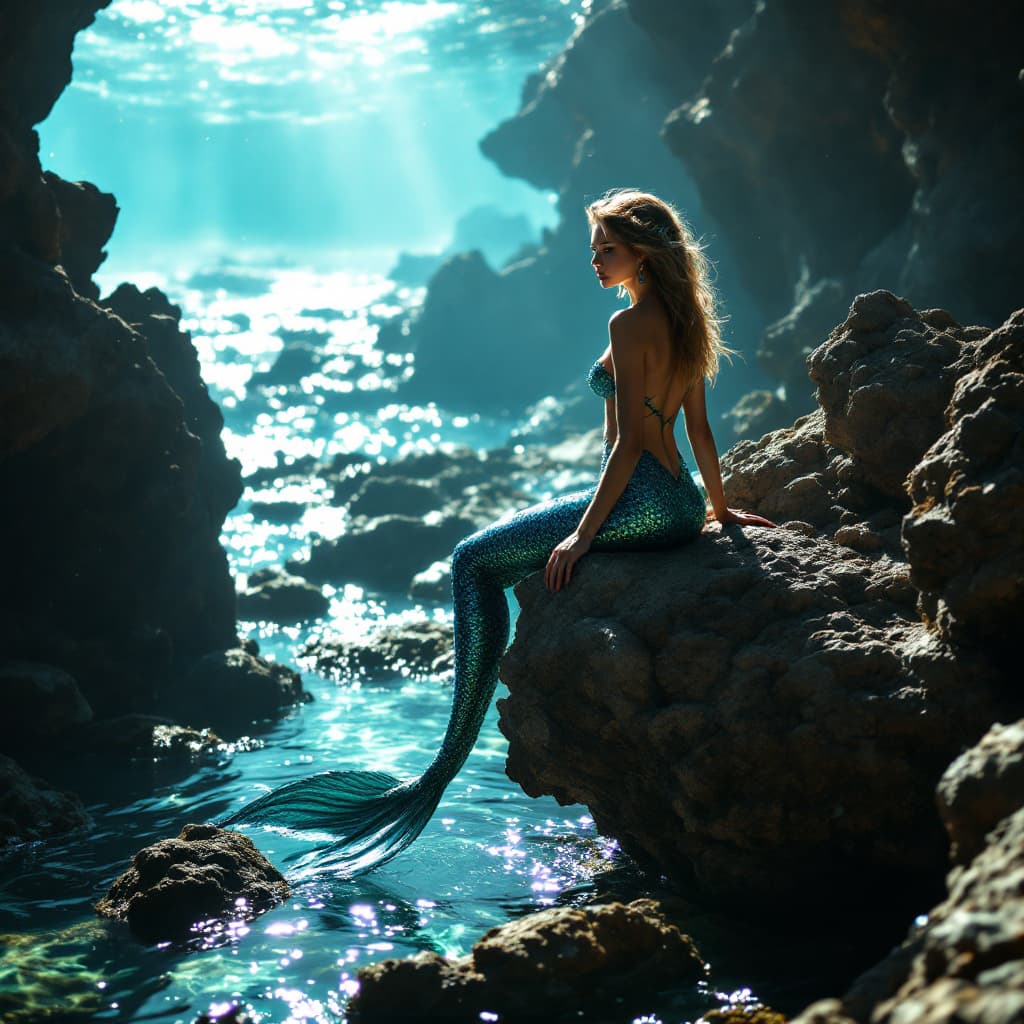 AI generated: a masterpiece, full body shot mermaid on a rock at a reef, beautiful fantasy photo shoot, elegant, g...
