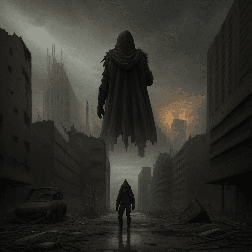 AI generated: Ruined post-apocalyptic city. Hooded person from the back in the distance. 