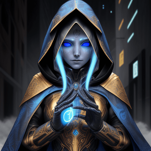 AI generated: Create an image of a cybernetic mystic. The figure has a young woman's face, glowing blue eyes, and ...