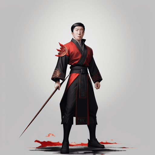 AI generated: A young man stands tall and strong like Jet Li and Jackie Chan mythology, a stick is horizontal, the...