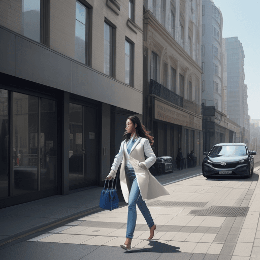 AI generated: The image features a woman walking down a street while holding a handbag. She is wearing a white shi...