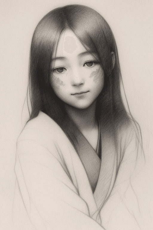 AI generated: an expressionist charcoal sketch by Odilon Redon, drawing, face only, a gorgeous Japanese woman, hin...