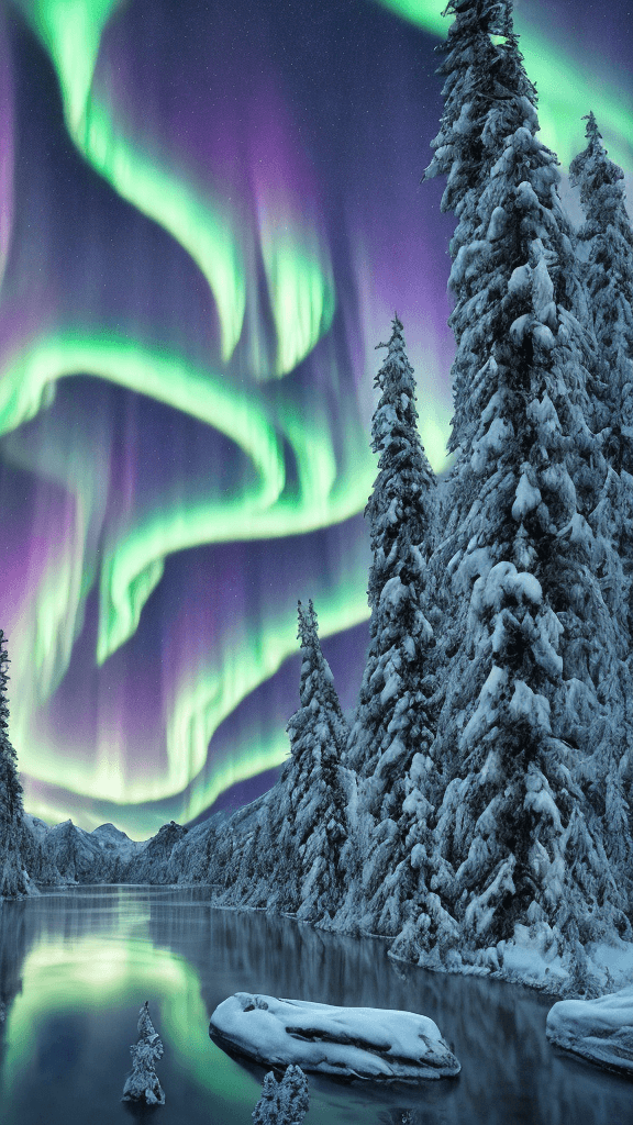 AI generated: british columbia, surrounded by mountains and nature, beautiful lakes and rivers, northern lights, v...