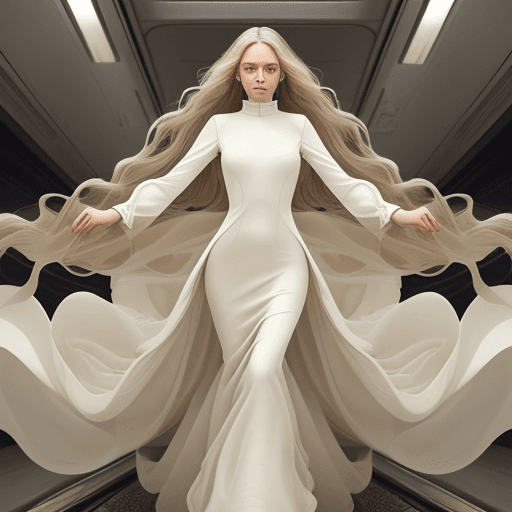 AI generated: The image is a full-length portrait of a woman in a flowing cream dress. The dress features a high n...