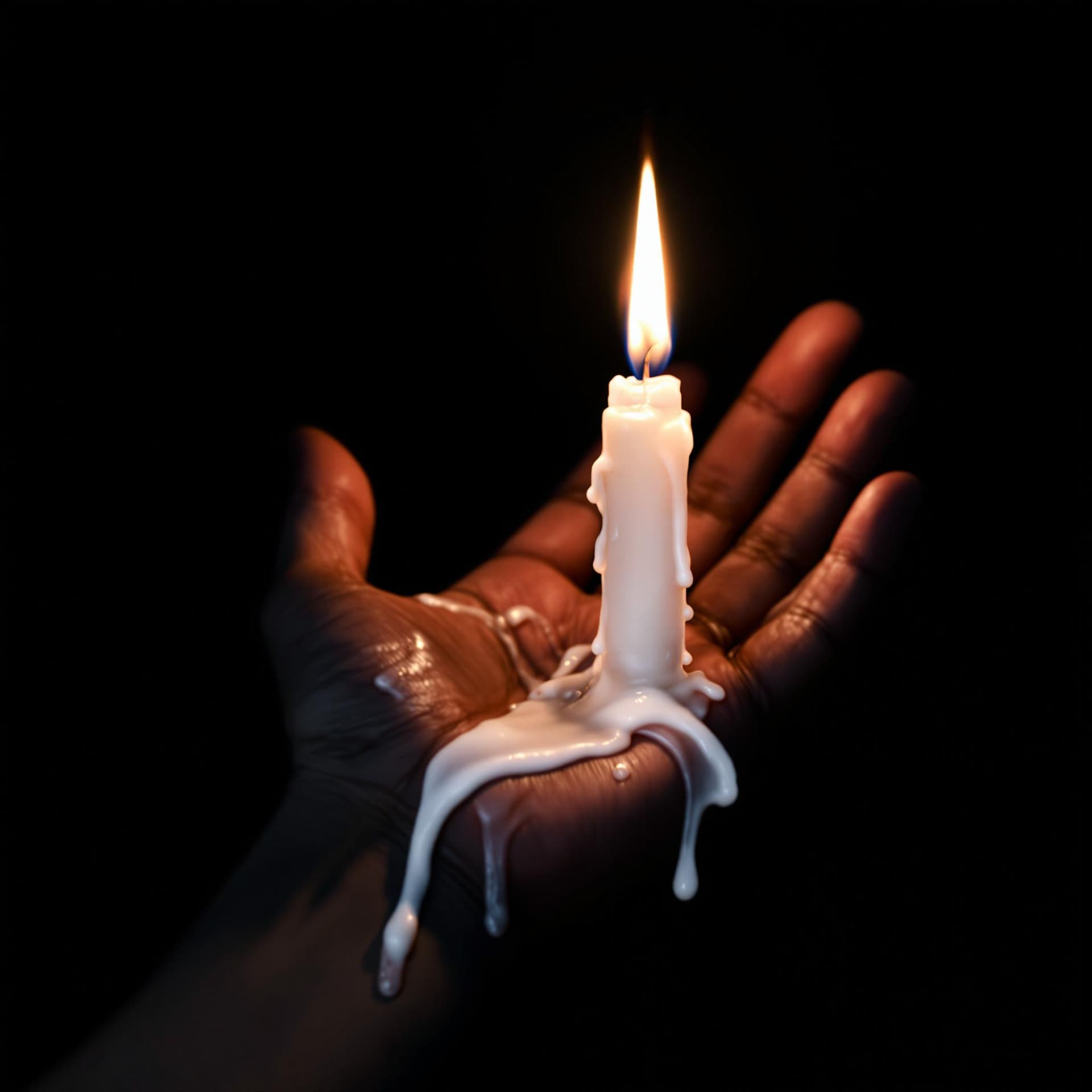 AI generated: The image depicts a hand holding a lit candle against a dark background. The candle is white, with w...