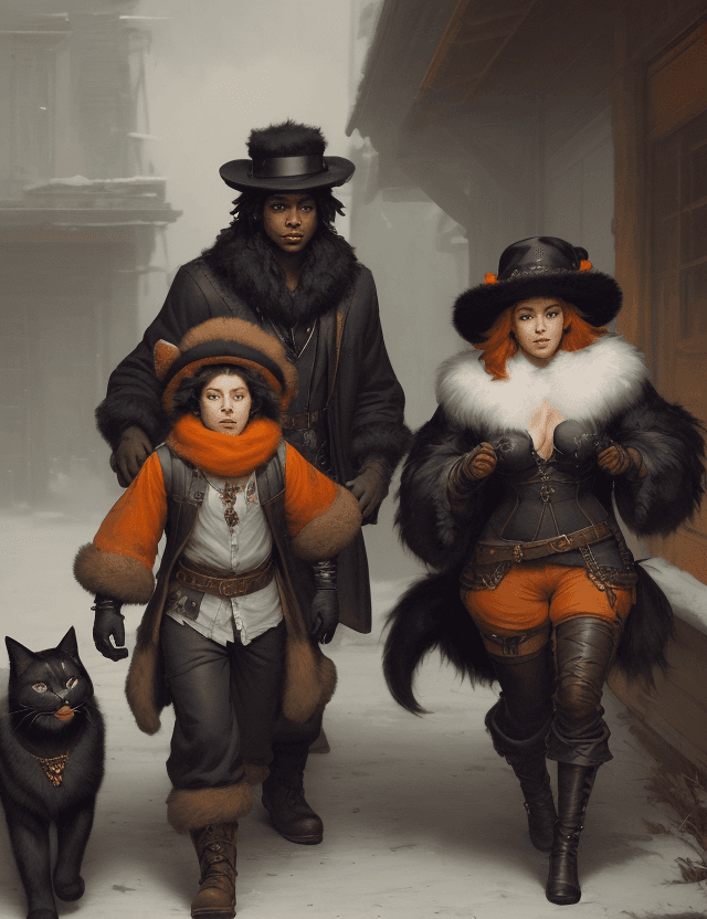 AI generated: Two playful catfolks, one witj black fur male and one with orange fur female, with adventurer hats a...