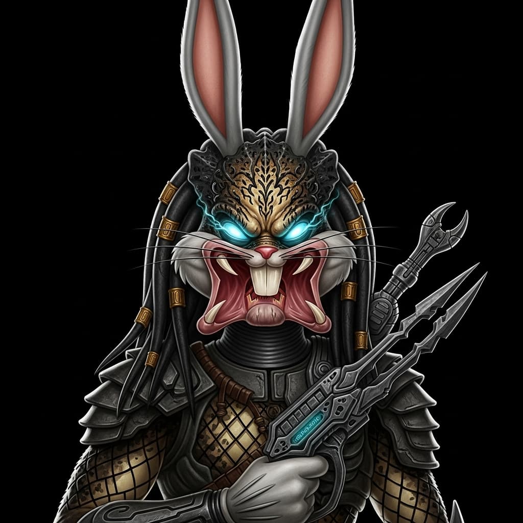 AI generated: A high-resolution, photorealistic 2D illustration of Bugs Bunny transformed into a Predator. Bugs Bu...