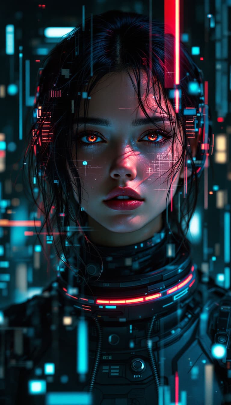 AI generated:  Portrait of a futuristic cyberpunk rebel leader, girl, centered, adorned with revolutionary tech, i...
