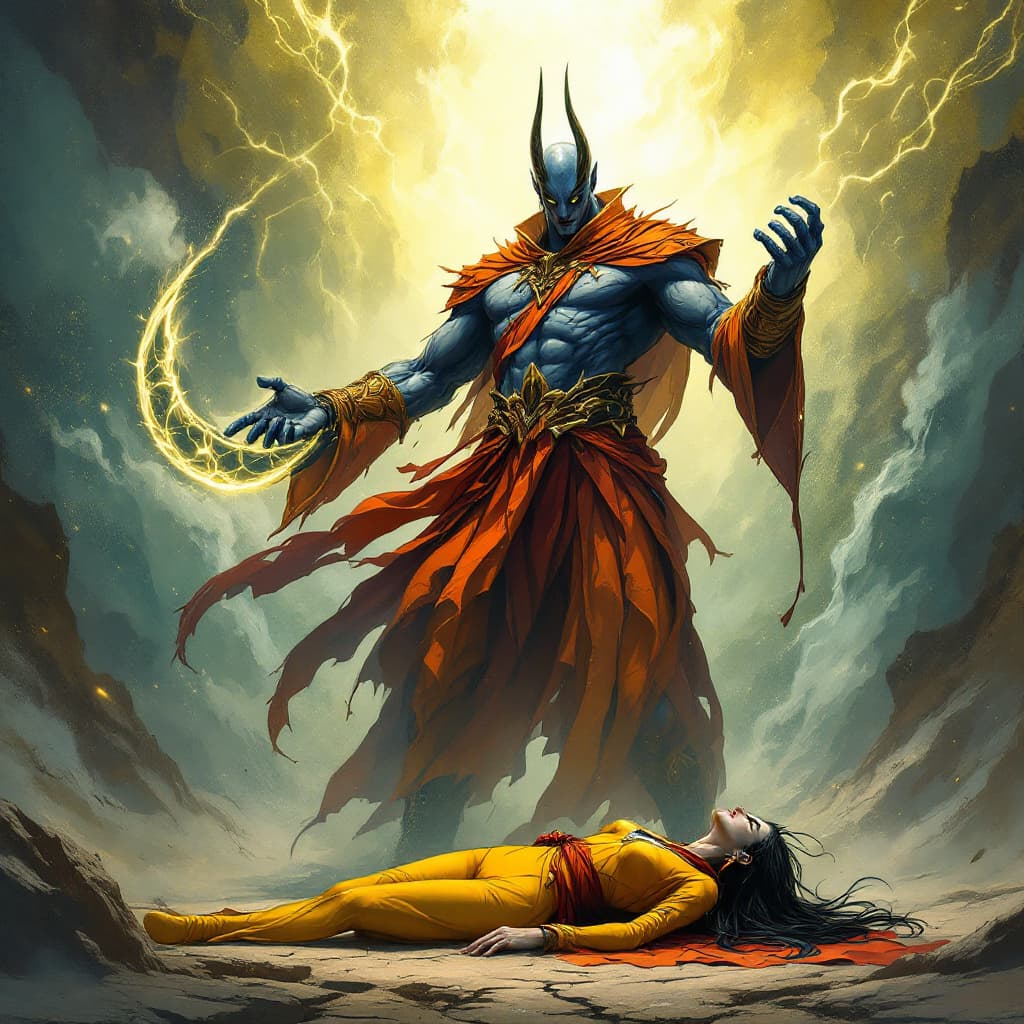 AI generated: A tall and slender hero in a bright yellow suit, standing defeated on the ground. The hero’s confide...