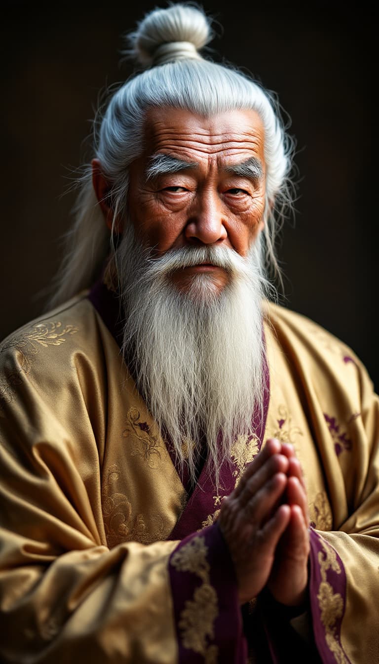 AI generated: Elderly Chinese kung fu master in his 80s; wearing formal gold and burgundy traditional Chinese robe...