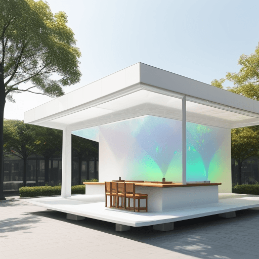 AI generated: the walls are whitebrick. there is a bench with a tree in the model. there are iridescent color chai...