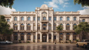 AI generated: Majestic palace with a neoclassical design, opulent ballroom, and golden facade, inspired by Alejand...