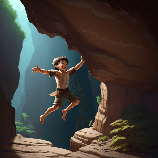 AI generated:  a young prehistoric boy jumpss in a cave, side view, 8k