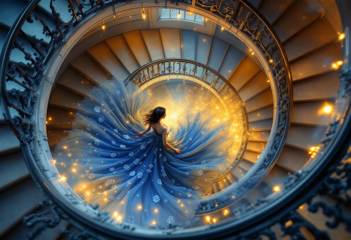 AI generated: Uma escada em espiral intricada com ferragens escuras e detalhes azulados, iluminada por uma luz sua...
