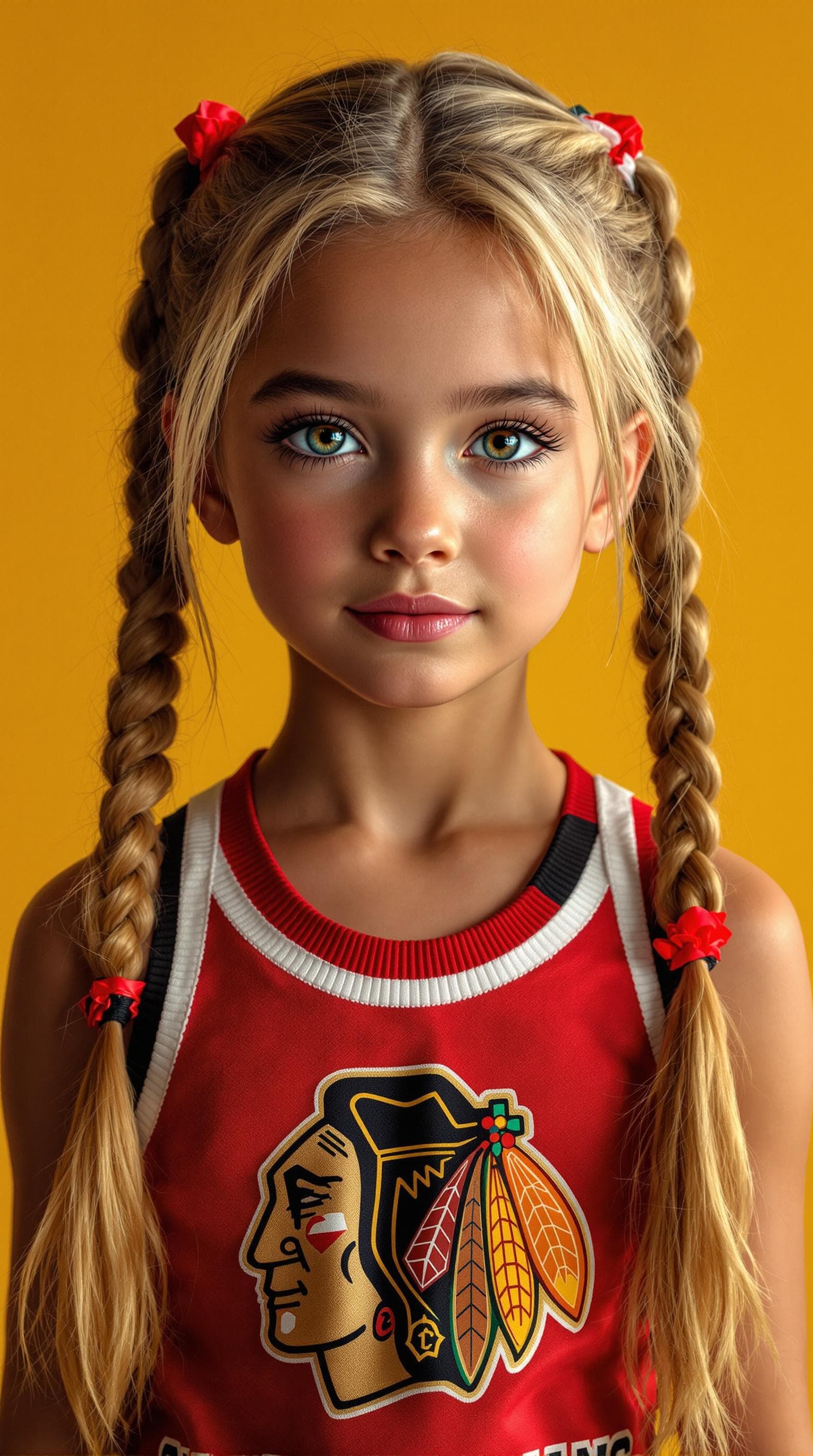 AI generated: a professional photo of a exceptionally beautiful girl in the world (age 7), (seven year old) cheer ...
