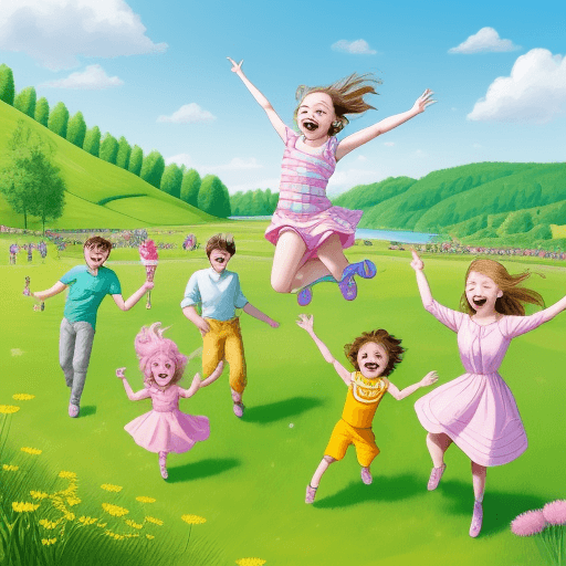 AI generated: Cartoon, happy kids, outdoor, playing, fun, sunny, spring, birthday, green hills, lake, children hav...