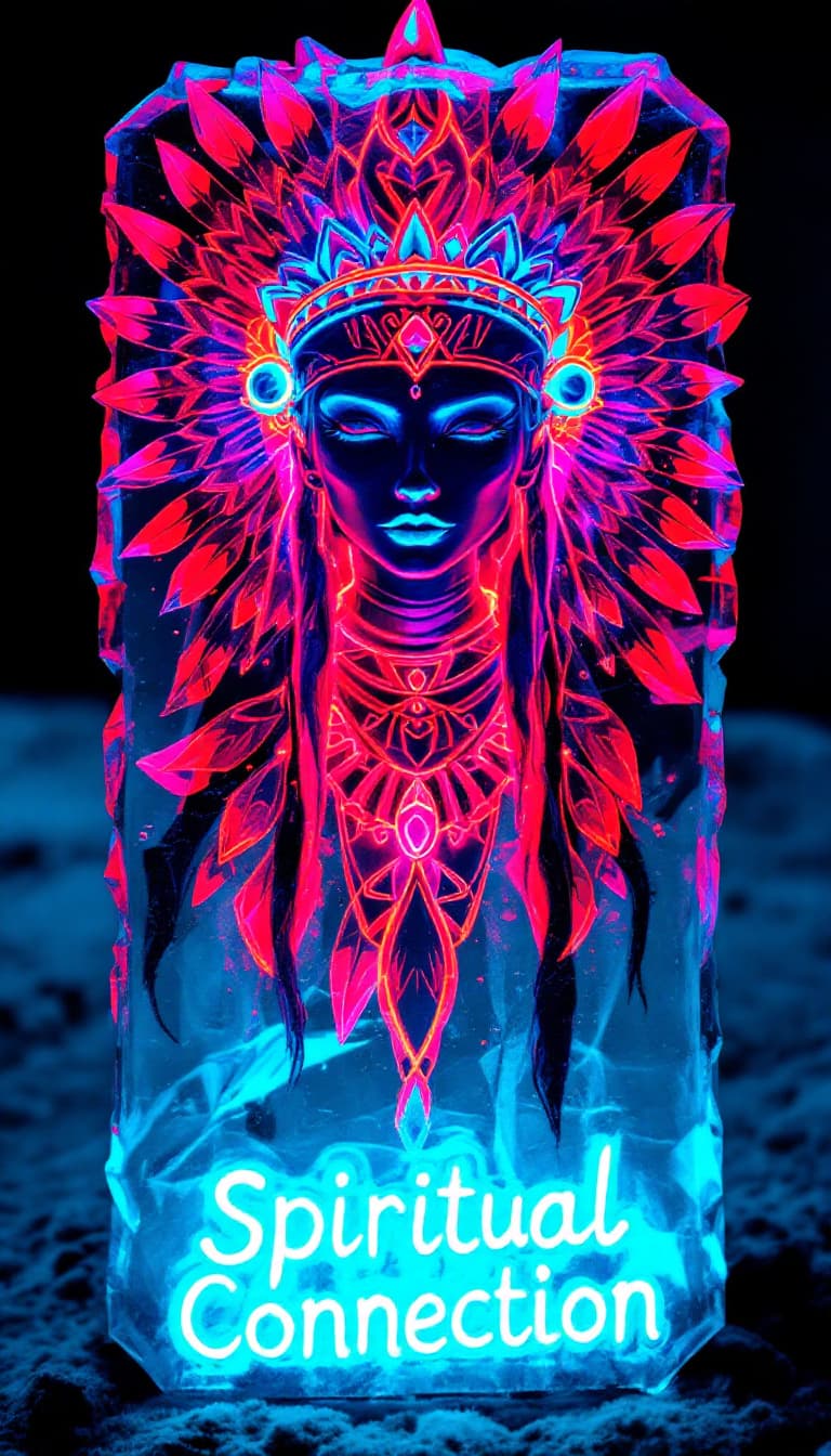 AI generated: Design a card featuring an ice sculpture of a Tribal Shaman, her transparent figure radiating a myst...