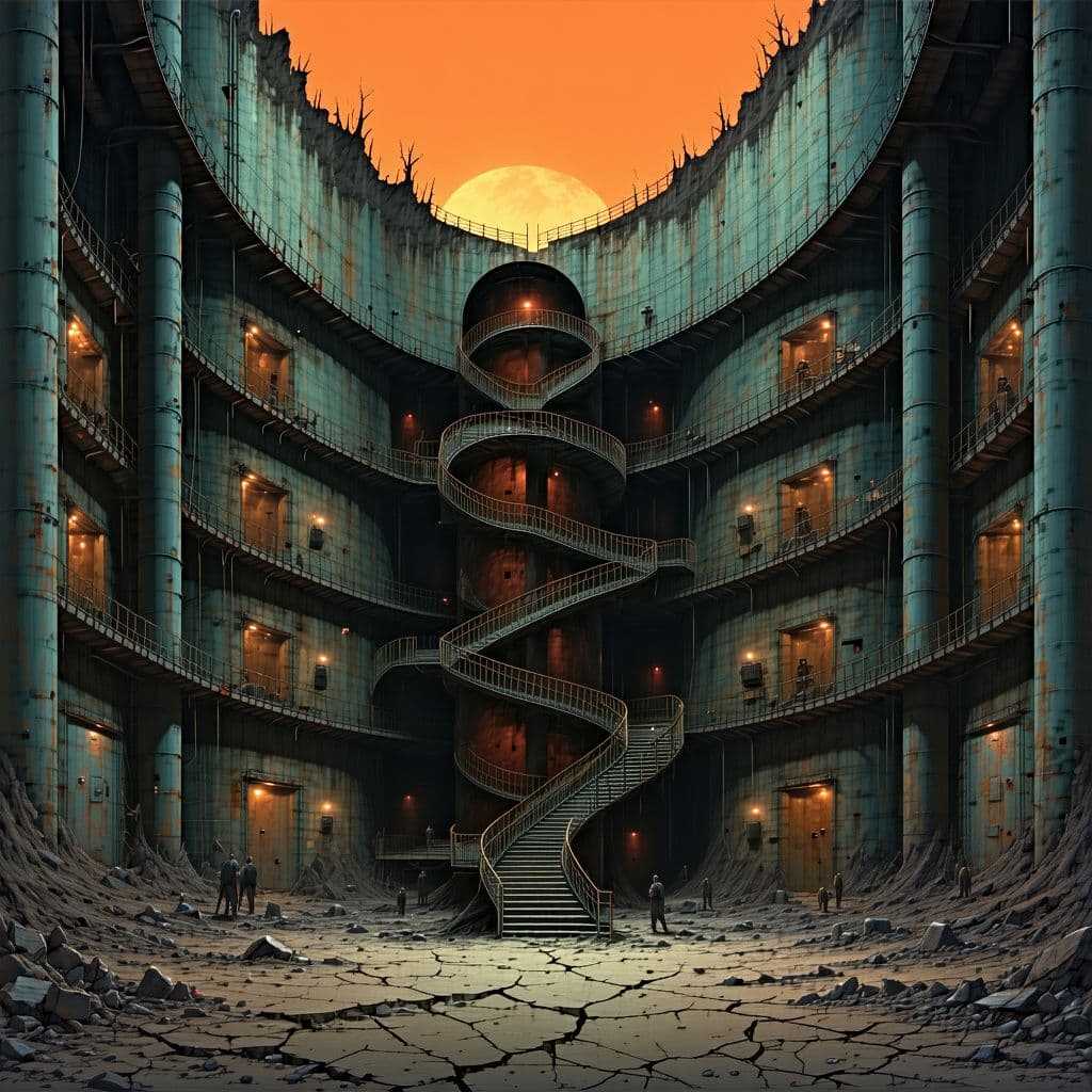 AI generated: "A massive, cylindrical underground silo carved into a desolate, toxic wasteland under a hazy orange...
