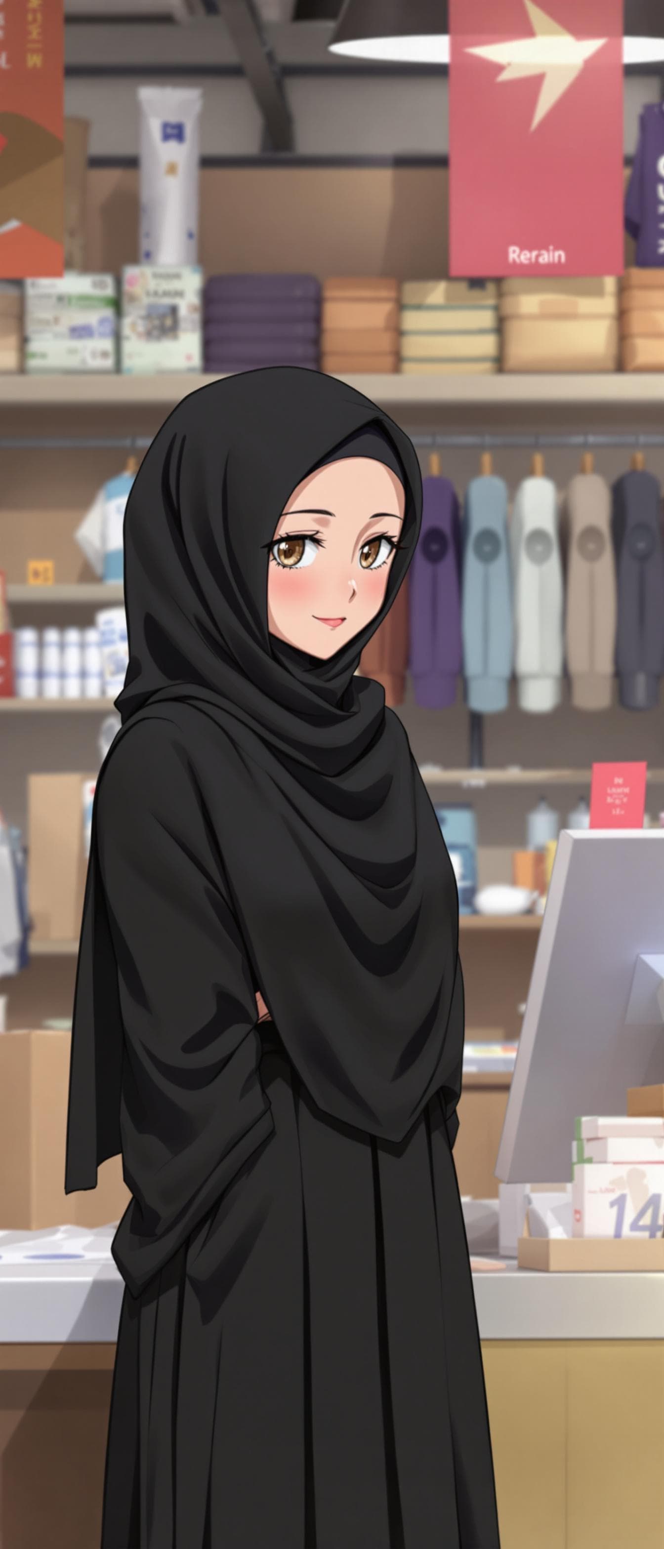 AI generated: anime of a girl, wearing a black hijab with the covering face like a Arabian woman in black clothes,...