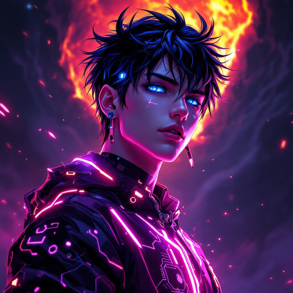AI generated: A futuristic anime illustration of a boy with androgynous features, piercing blue eyes, and jet-blac...