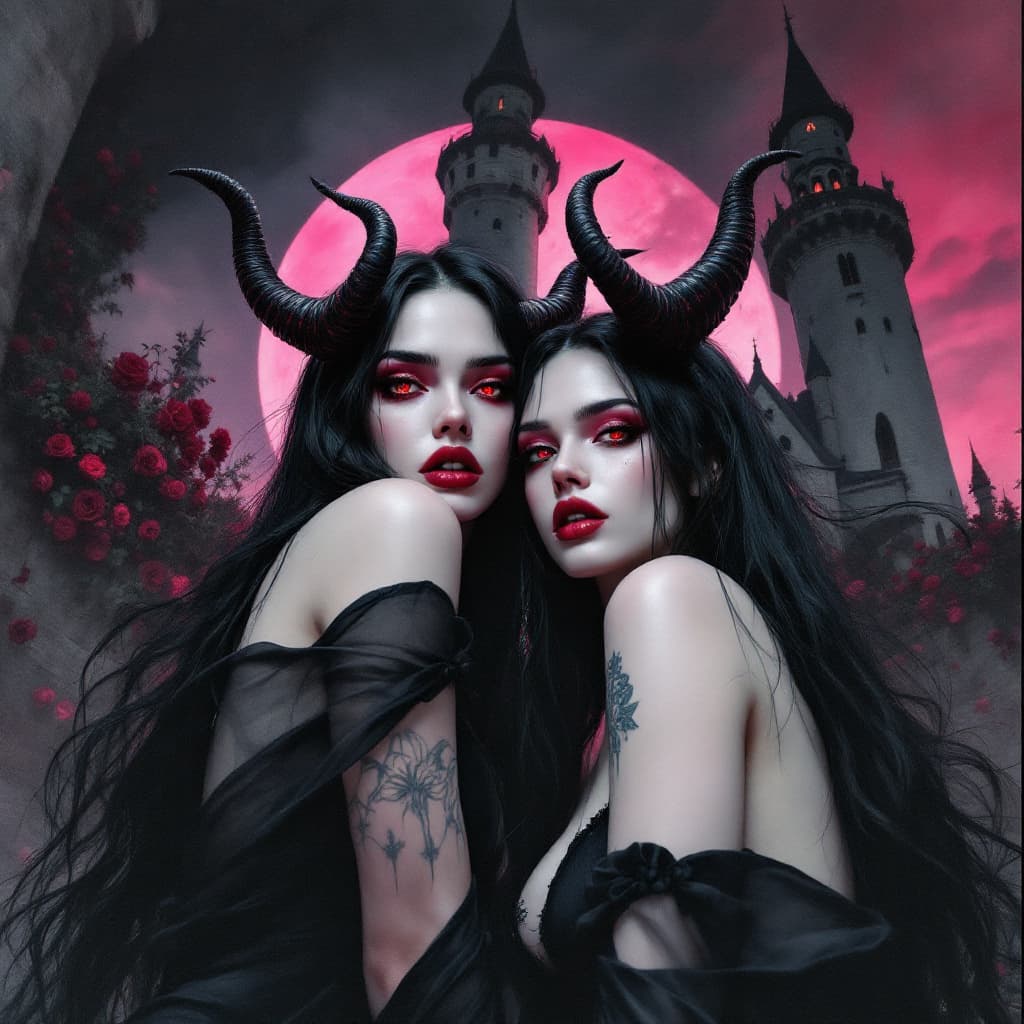 AI generated: Comic book cover, full body shot, bottom view, low angle of two young beautiful gorgeous supermodel ...