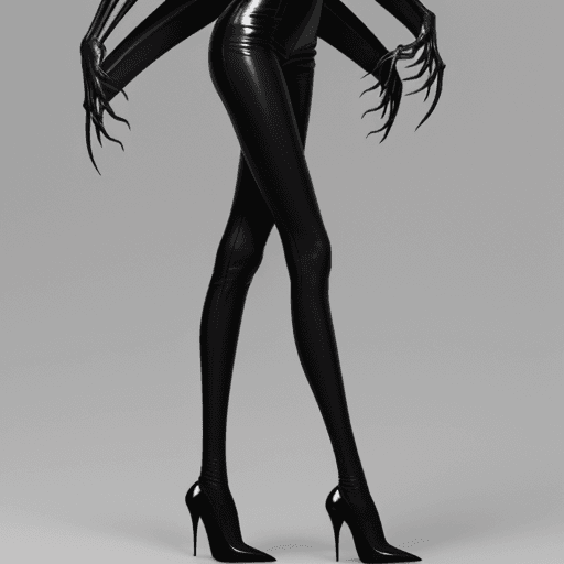AI generated: ultra skinny girl with long black curved claws, long ultra slim legs, in high heels