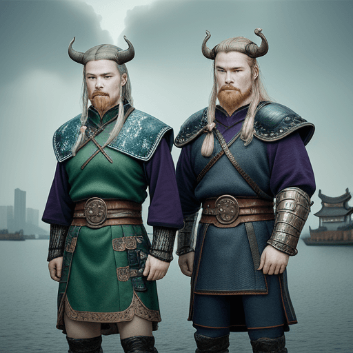AI generated: Two vikings from the future invading Suzhou, in the style of van Gogh